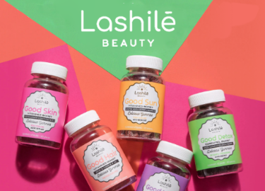 Cinq flacons Good skin, hair, sun et detox de la marque Lashilé beauty disponibles en pharmacie
