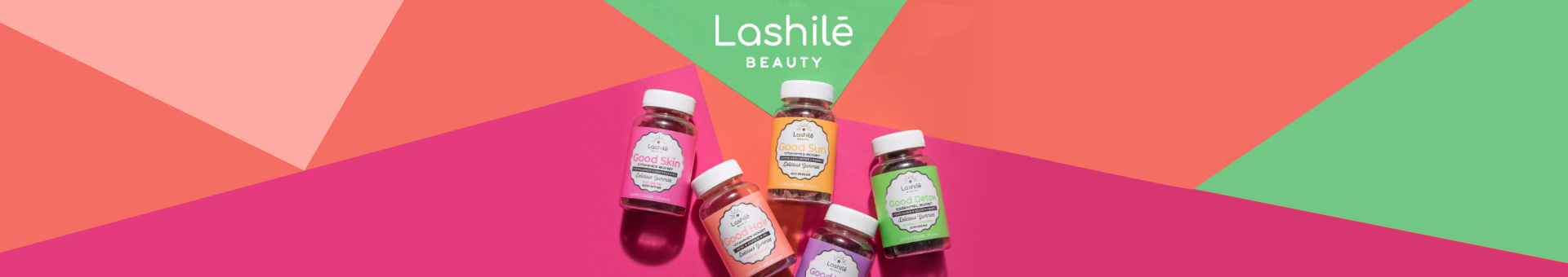 Cinq flacons Good skin, hair, sun et detox de la marque Lashilé beauty disponibles en pharmacie